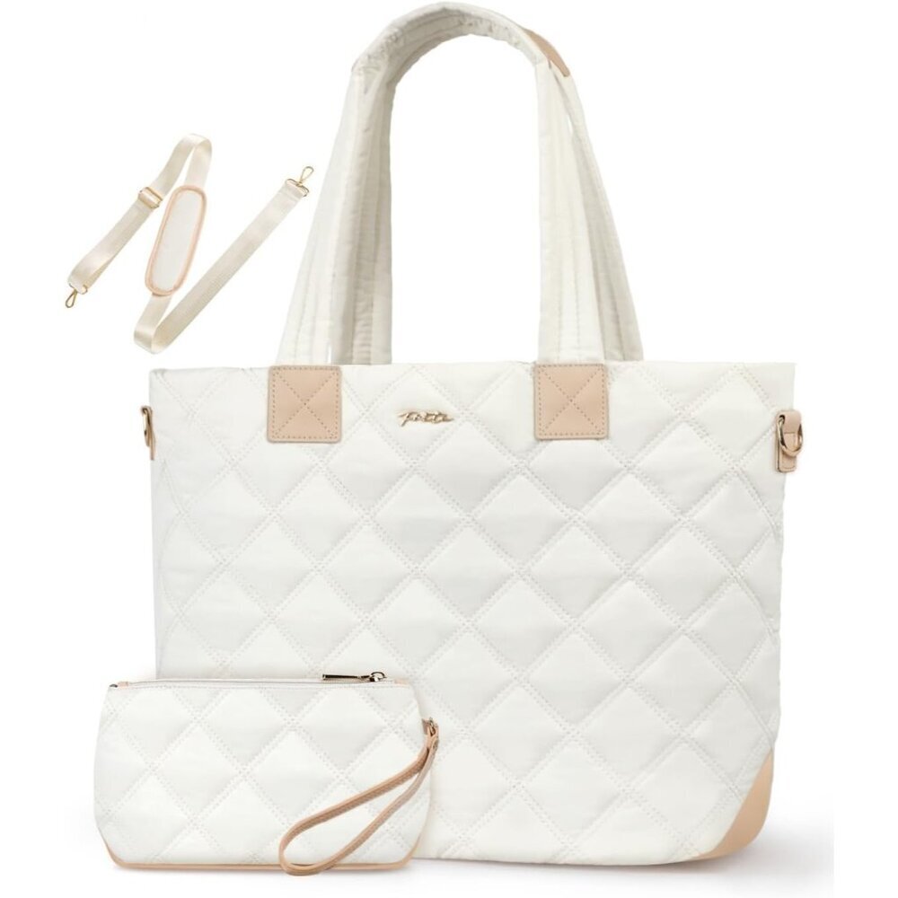 Prite Women Beige Polyester Compartment Quilted Puffer Shoulder Tote Work Bag